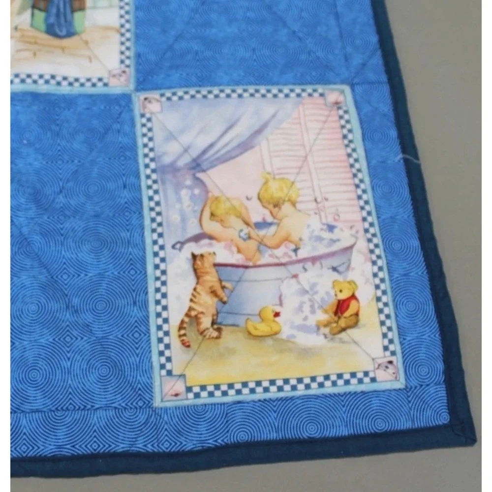 Handmade Baby Crib Quilt Blanket Blue Nursery + Plush Puppy Dog Toy Lot